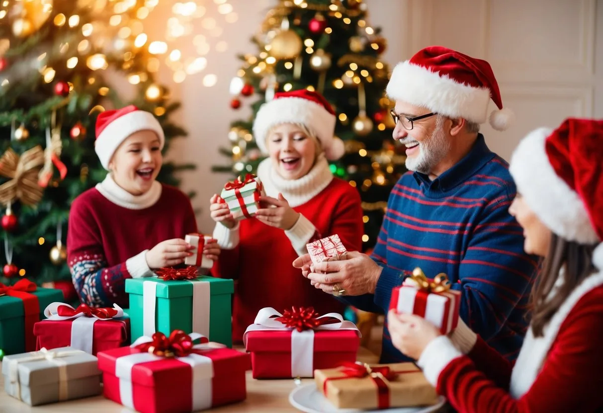 Create en festlig scene med mennesker der synger julesange og udveksler gaver